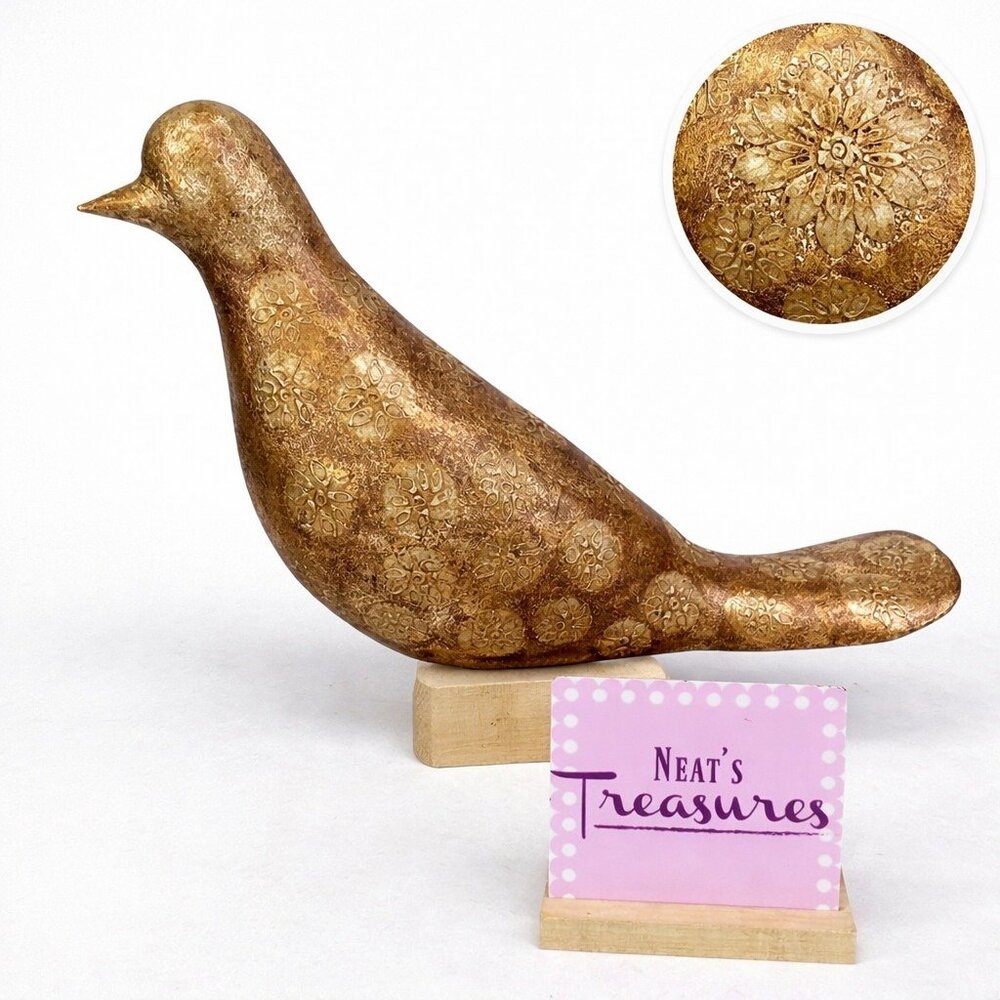 2008 Target Wood Carving Hand Textured Floral Gold 9" Tall Dove Decorative Bird